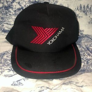 Yokohama Embroidered Logo Black Trucker Cap Vtg Snapback Hat Made in Canada